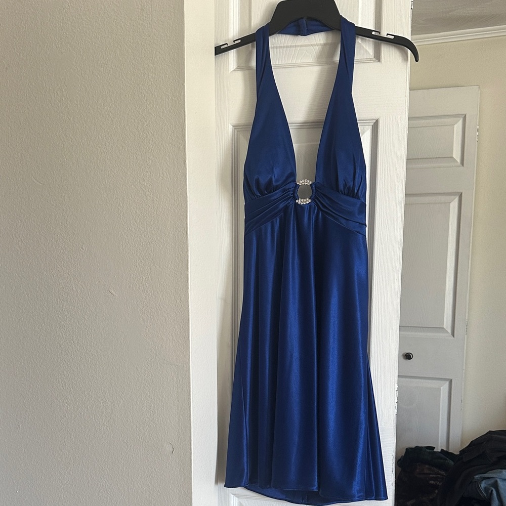 Morgan & Co. Sapphire Blue Halter Dress with Decorative Ring